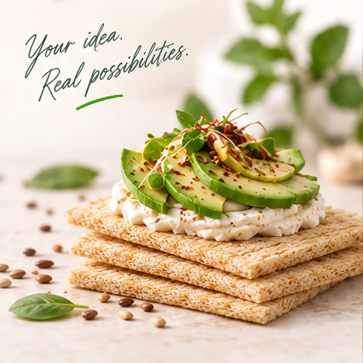 Crackerbread topped with cream cheese and avocado — Your idea. Real possibilities.