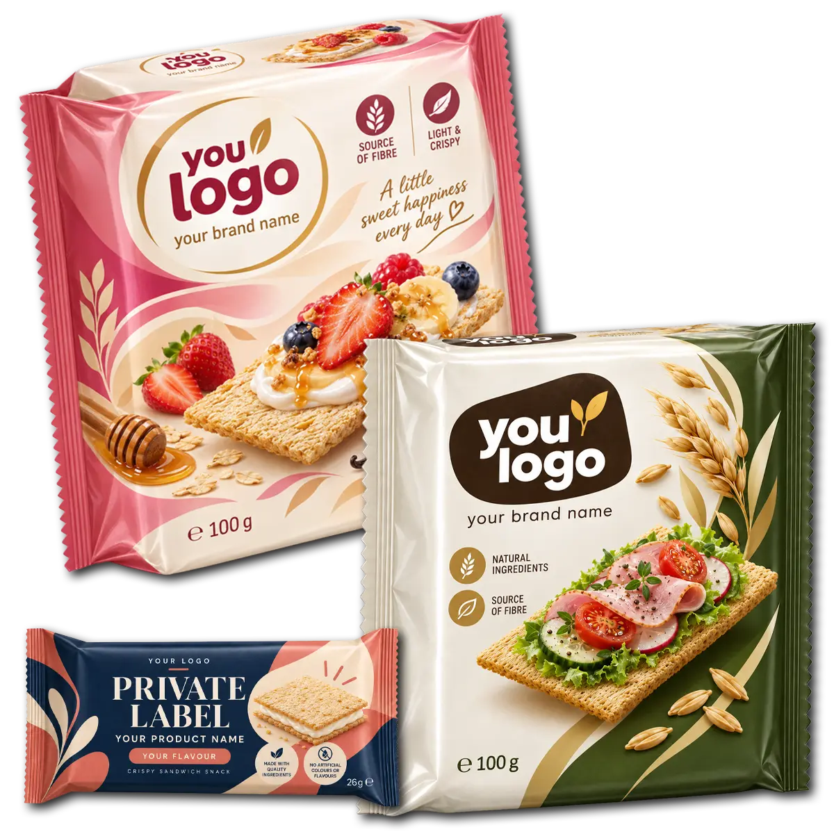 Private label crackerbread and sandwich snack packs with placeholder branding