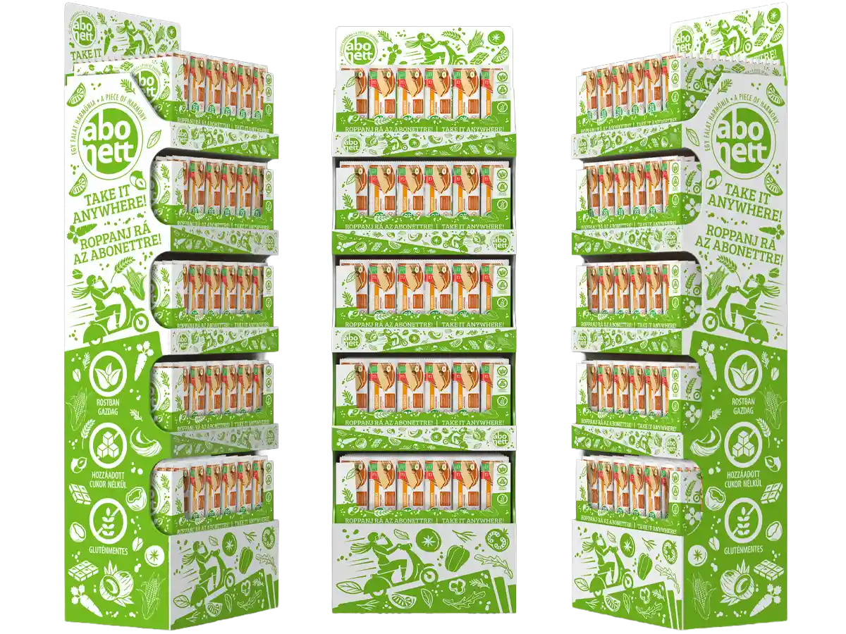 Three Abonett floor display stands filled with crackerbread packs