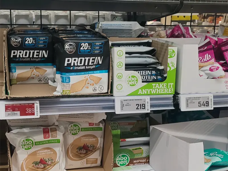 Abonett Protein crackerbread packs on a supermarket shelf
