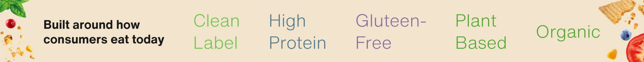 Built around how consumers eat today: Clean Label, High Protein, Gluten-Free, Plant-Based, Organic